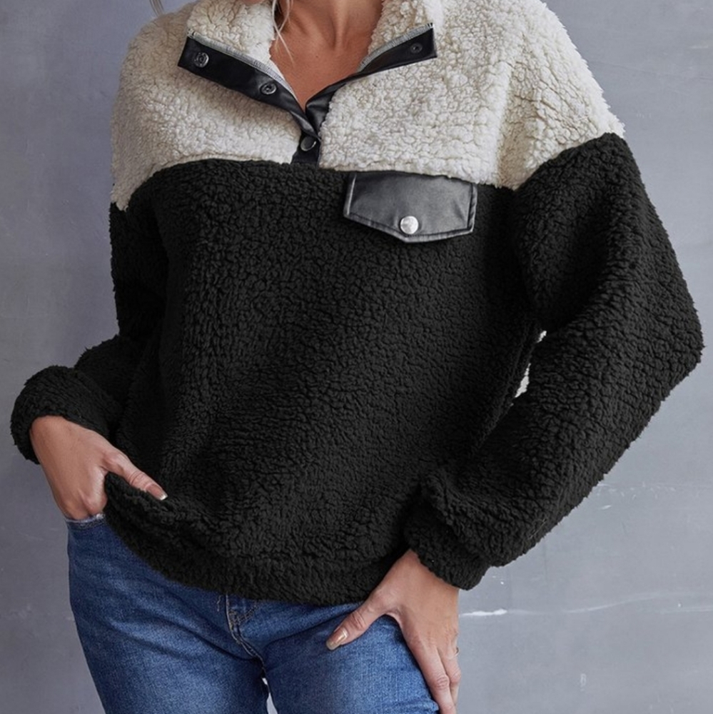 Black & White Sherpa Button Collar Pullover Sweater